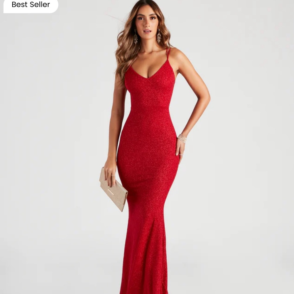 Red prom dress with lace up back